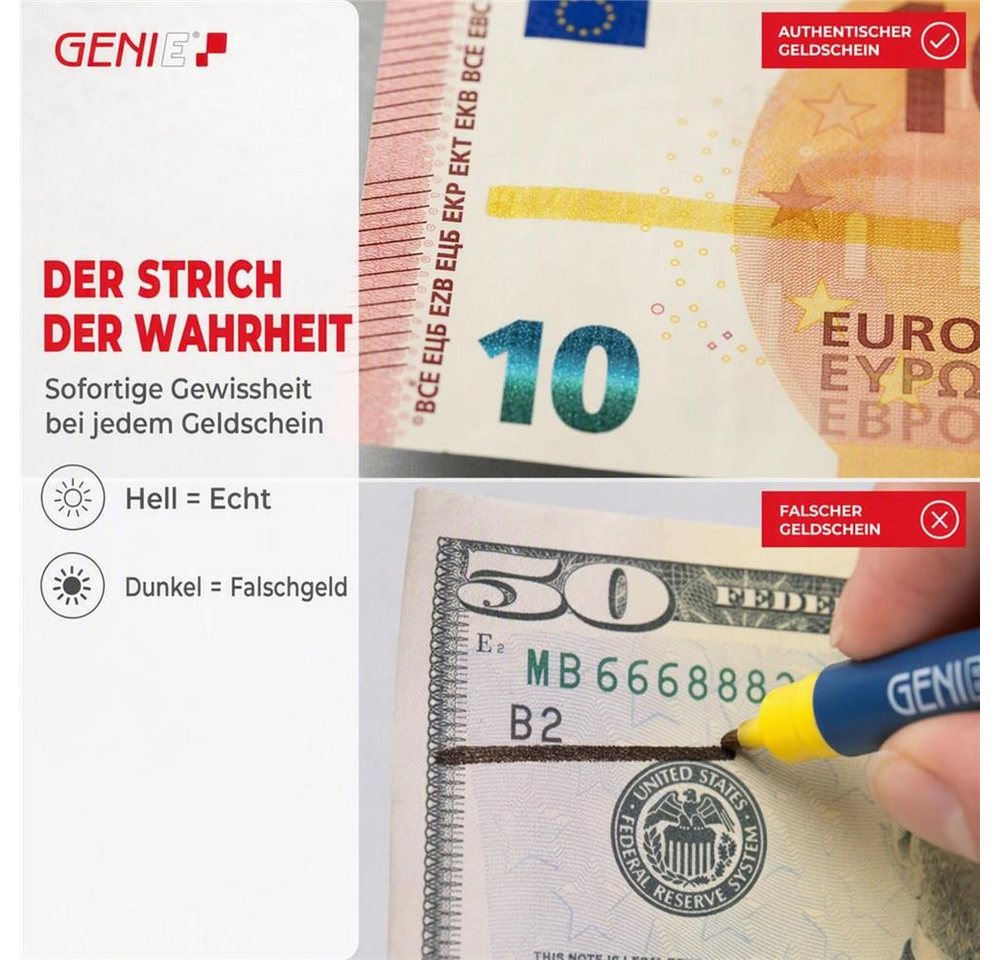 GENIE Geldscheinprüfstift Quicktester Banknotenprüfer, 5 Stück, Chemische Analyse, vier Währungen, optische Anzeige, Spezialtinte Bild 2