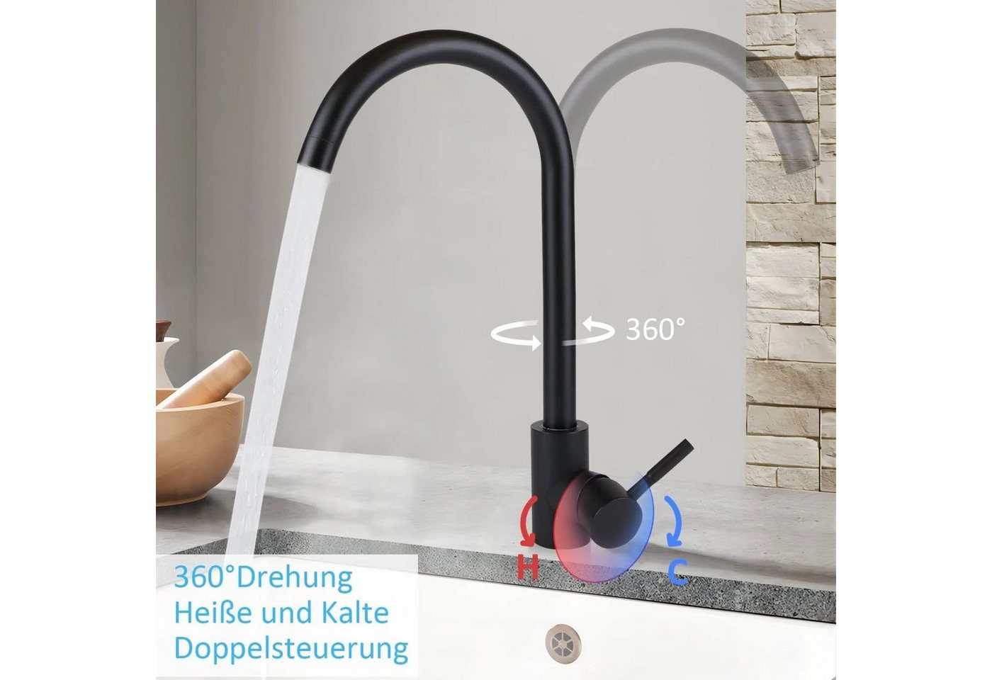 Nettlife Küchenarmatur Hochdruck Armatur küche Edelstahl 360°Schwenkbar Spültischarmatur (mischbatterie) Gebürstete Oberfläche, Brause mit Umschalter, einfache Montage Bild 2