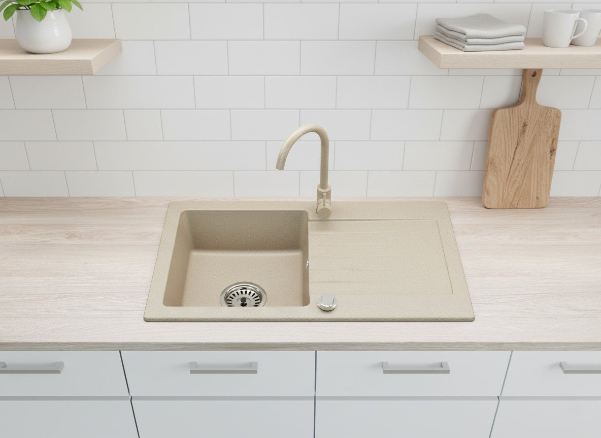 Faizee Möbel Granitspüle Faizee Home Granitspüle Alisha 75x43,5 cm Beige – Spüle mit Siphon, rechteckig, 75/16.5 cm, Granitspüle:76 x 16 x 44 cm (BxHxT) Farbe: Beige Material: Granit Vorgebohrt für eine Armatur Reversibel – Links oder Rechts montierbar, (mit Zubehör, 1 St., Granitspüle mit Abtropffläche & Siphon-Set), Reversibel montierbare Granitspüle mit Abtropffläche & Siphon
