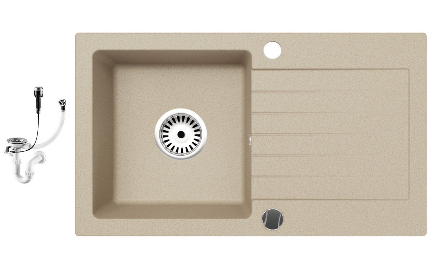 Faizee Möbel Granitspüle Faizee Home Granitspüle Alisha 75x43,5 cm Beige – Spüle mit Siphon, rechteckig, 75/16.5 cm, Granitspüle:76 x 16 x 44 cm (BxHxT) Farbe: Beige Material: Granit Vorgebohrt für eine Armatur Reversibel – Links oder Rechts montierbar, (mit Zubehör, 1 St., Granitspüle mit Abtropffläche & Siphon-Set), Reversibel montierbare Granitspüle mit Abtropffläche & Siphon Bild 3