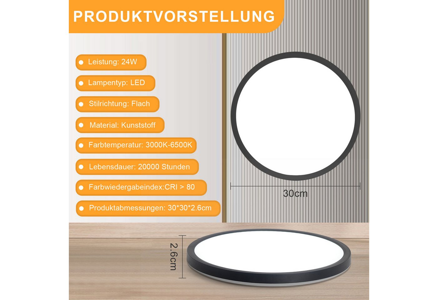 Nettlife LED Deckenleuchte Flach 30CM 24W Rund Weiß Deckenbeleuchtung Küche, Dimmbar, LED fest integriert, Farbwechsler, Küchenlampe für Flur Küche Schalfzimmer Klassenzimmer Bild 3