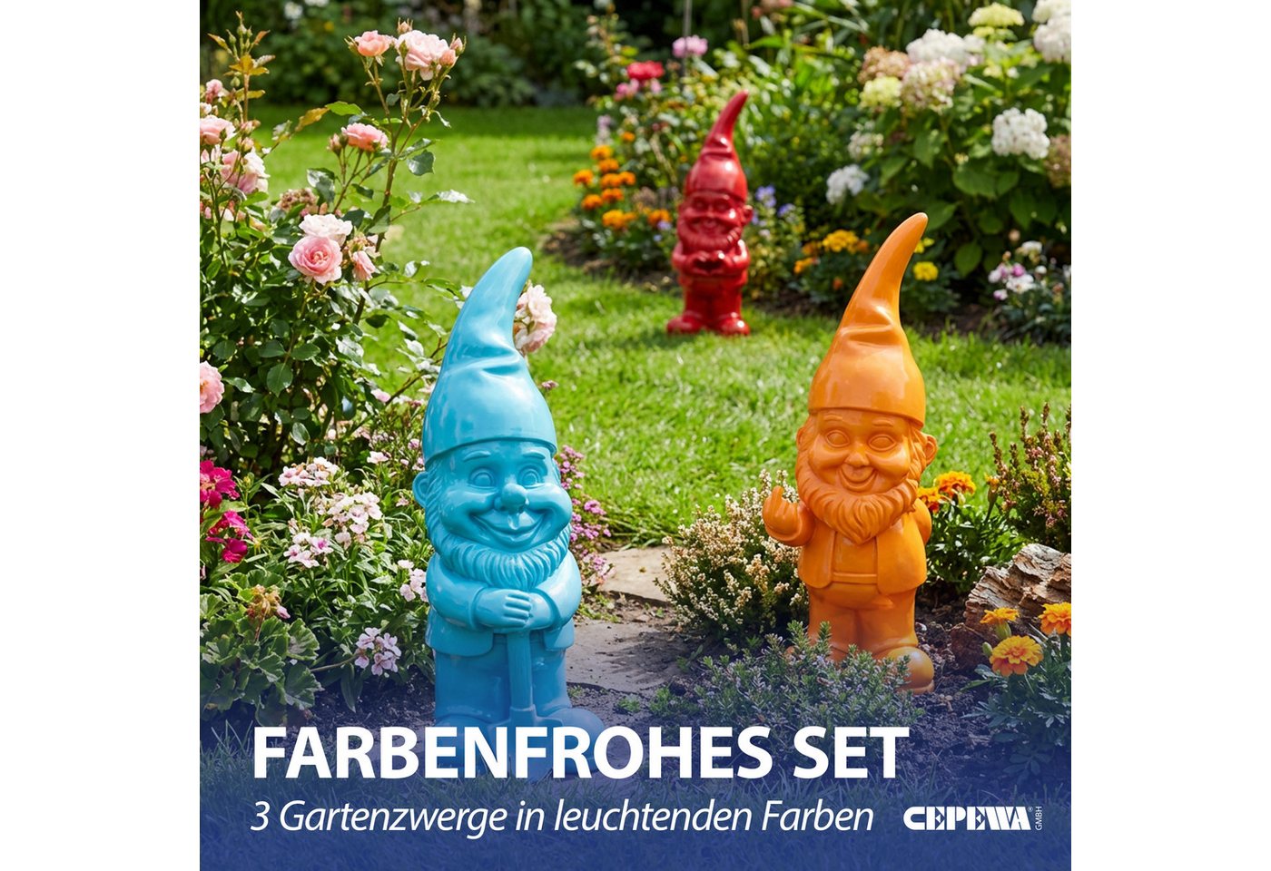 CEPEWA Gartenzwerg XL Gartenzwerg 3er Set Polyresin rot türkis orange 13x40x12cm Figur Bild 3