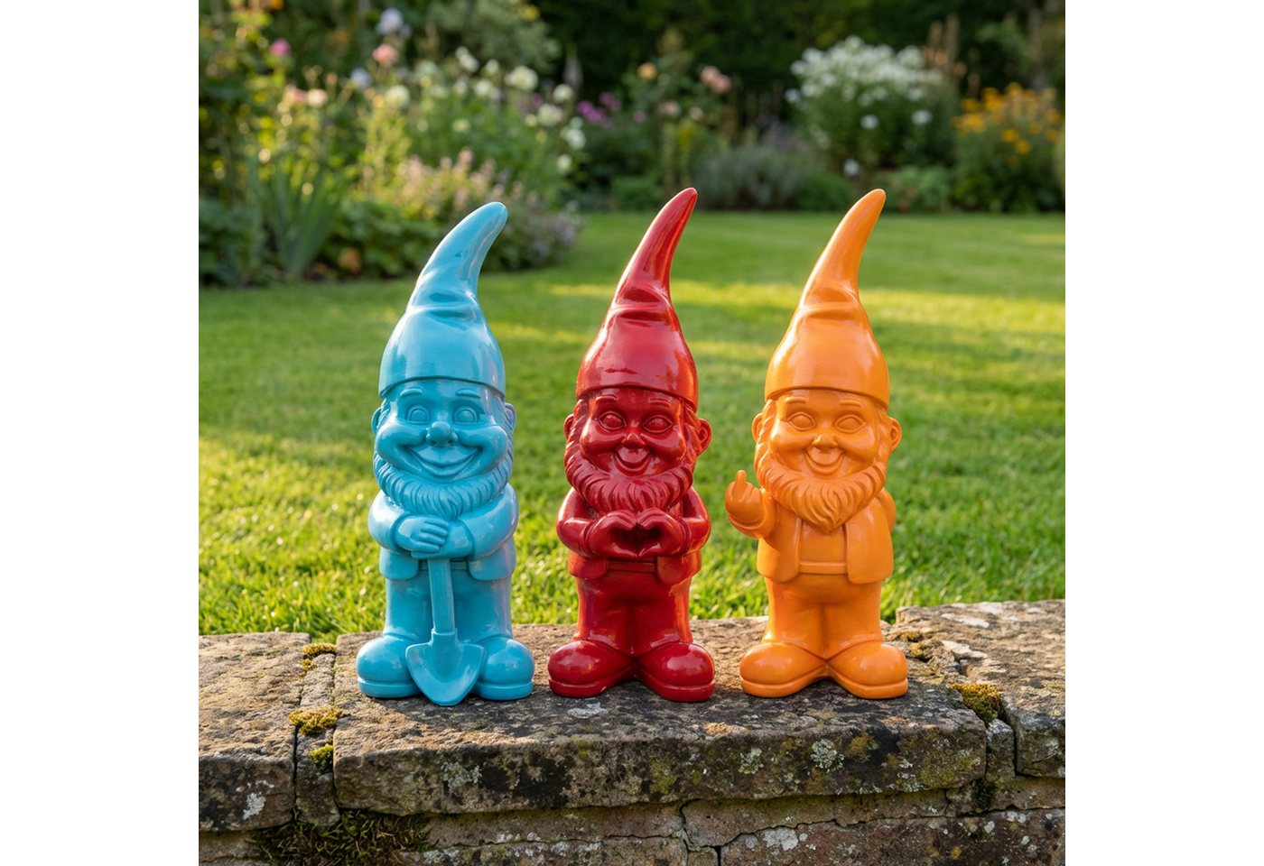 CEPEWA Gartenzwerg XL Gartenzwerg 3er Set Polyresin rot türkis orange 13x40x12cm Figur Bild 4