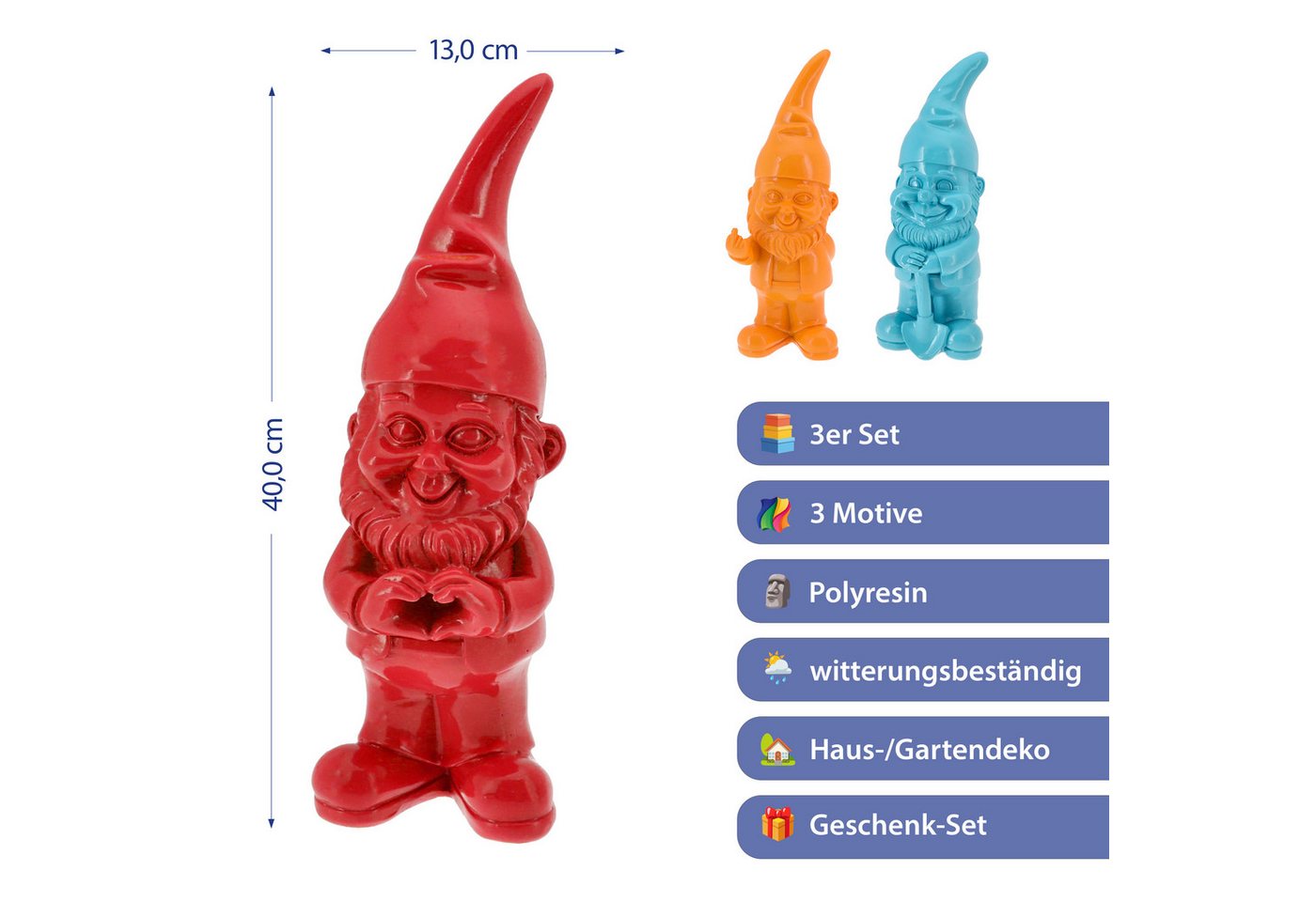 CEPEWA Gartenzwerg XL Gartenzwerg 3er Set Polyresin rot türkis orange 13x40x12cm Figur Bild 5