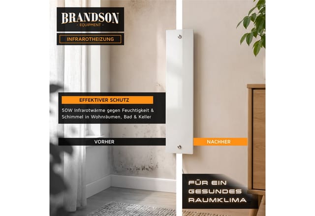 Brandson Infrarotheizung Anti-Schimmel-Heizung, Infrarot Glaspanel 50 W, Wand- & Standmontage, Schimmelentferner geräuschlos, Schimmelschock IP44, Überhitzungsschutz