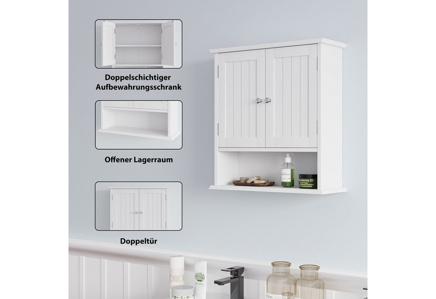 Yorbay Hängeschrank Badezimmerschrank Medizinschrank mit verstellbarem Regal (54,6×19,8×59,9 cm) Wandschrank mit Doppeltüren Bild 3