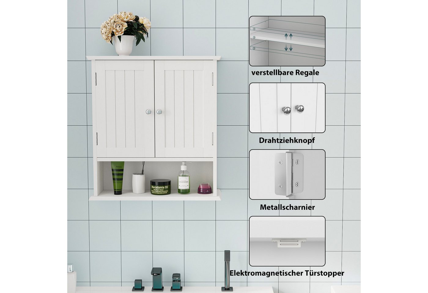 Yorbay Hängeschrank Badezimmerschrank Medizinschrank mit verstellbarem Regal (54,6×19,8×59,9 cm) Wandschrank mit Doppeltüren Bild 4