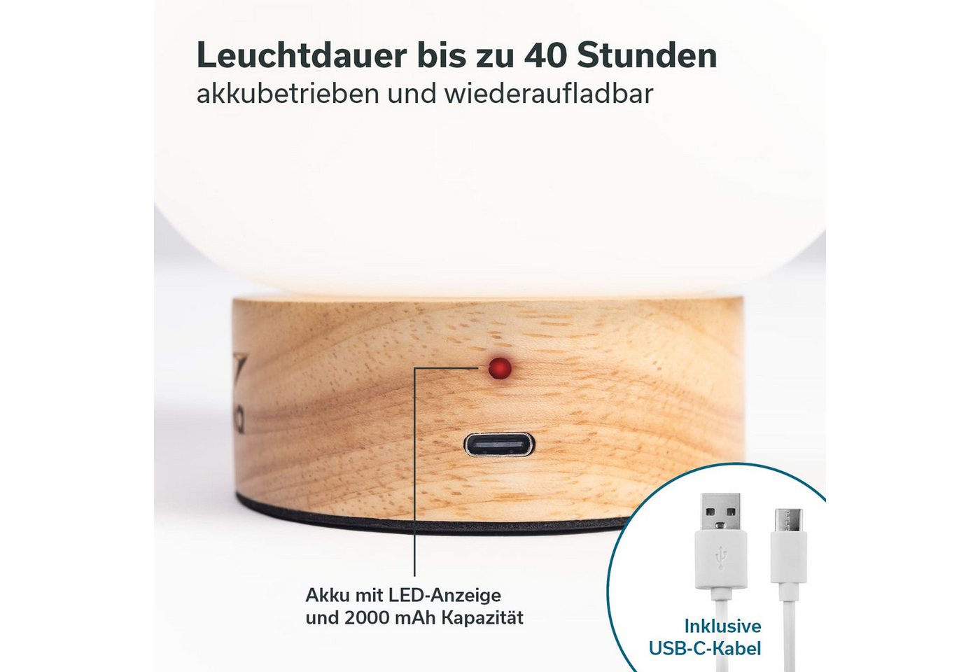 Skandika LED Gartenleuchte Campinglampe Gnista, wiederaufladbar, LED-Anzeige, Gewicht 250 g, mit USB Typ C Ladekabel, 2000 mAh, 3 Lichtfarben, stufenlos dimmbar Bild 3