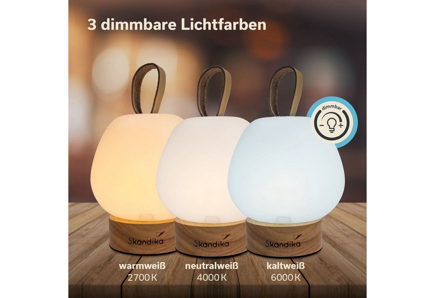 Skandika LED Gartenleuchte Campinglampe Gnista, wiederaufladbar, LED-Anzeige, Gewicht 250 g, mit USB Typ C Ladekabel, 2000 mAh, 3 Lichtfarben, stufenlos dimmbar Bild 5