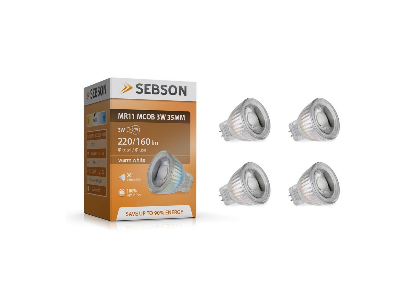 SEBSON LED-Leuchtmittel LED Lampe GU4/ MR11 warmweiß 3W Spotlight 12V ø35x40mm - 4er Pack, MR11, 4 St., Warmweiß, LED Strahler MR11 GU4, 15.000h Lebensdauer, warmweiß 3000K, Spot 36°