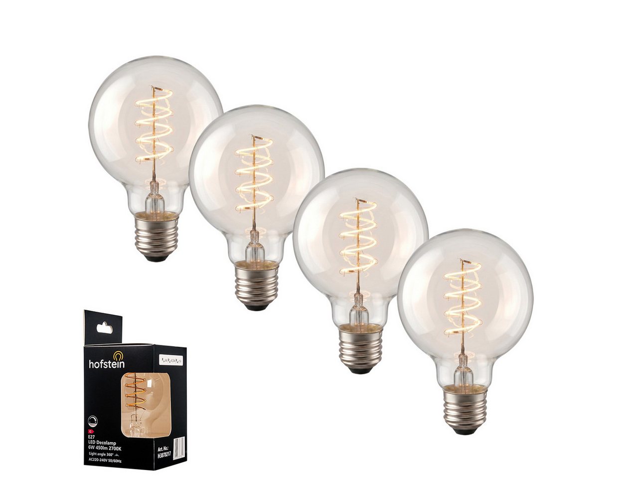 hofstein LED-Leuchtmittel 4er Set Glühbirne Warmweiß dimmbar 6 Watt, E27, 2700 Kelvin, 450 Lumen, Globe Vintage, Filament Spirale, Klar Bild 5