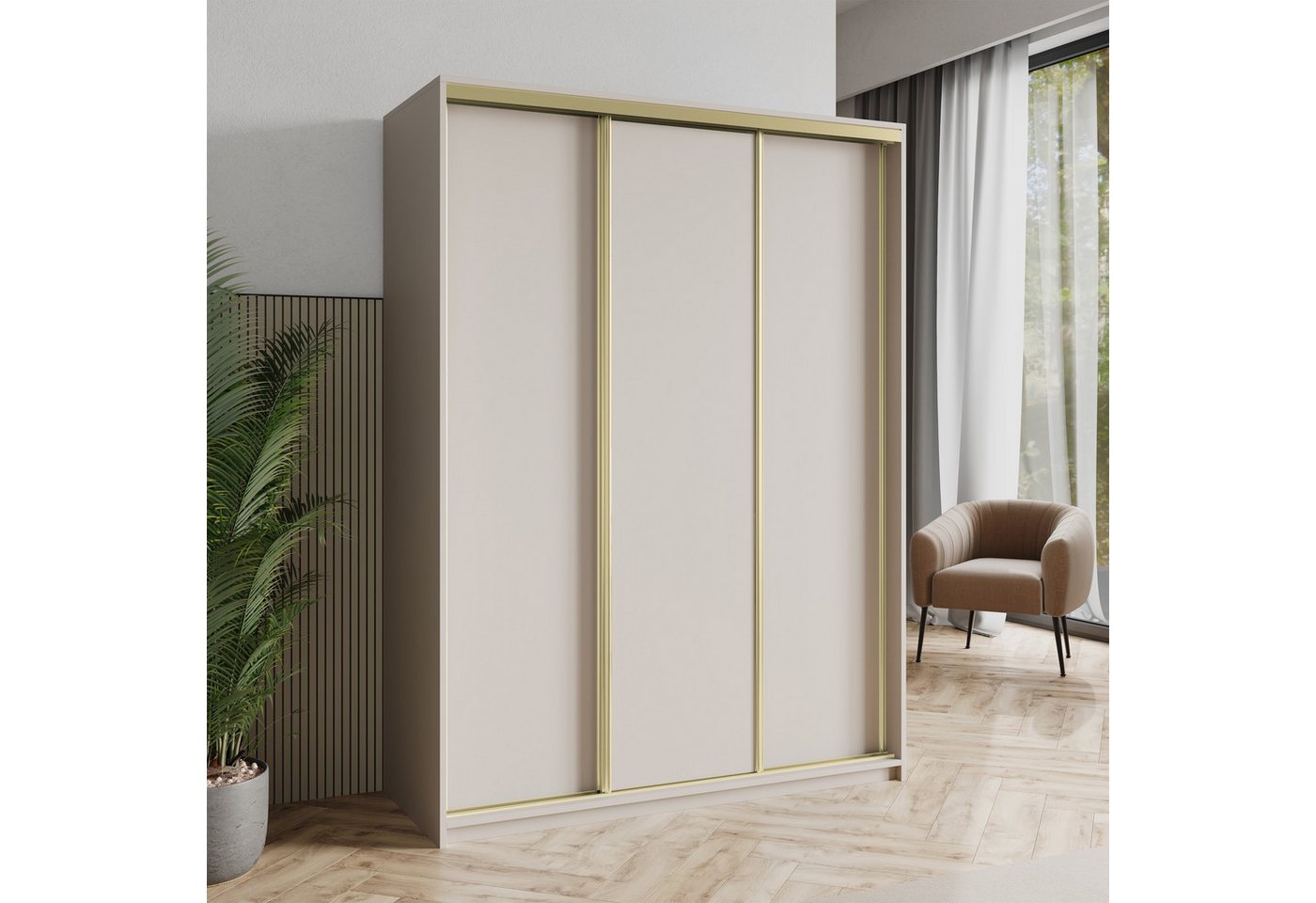 Masseno Schwebetürenschrank NISSE 150 cm Kleiderschrank 3 Türen und 4 Schubladen Kaschmir Bild 2