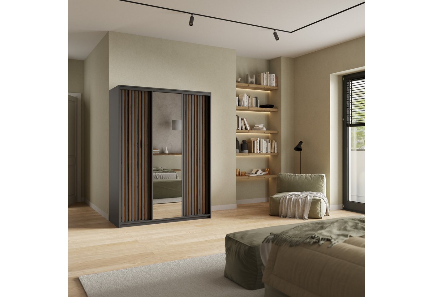 Masseno Schwebetürenschrank ORRA 150 cm Kleiderschrank mit Spiegel 3 Türen Eiche Wotan Bild 5