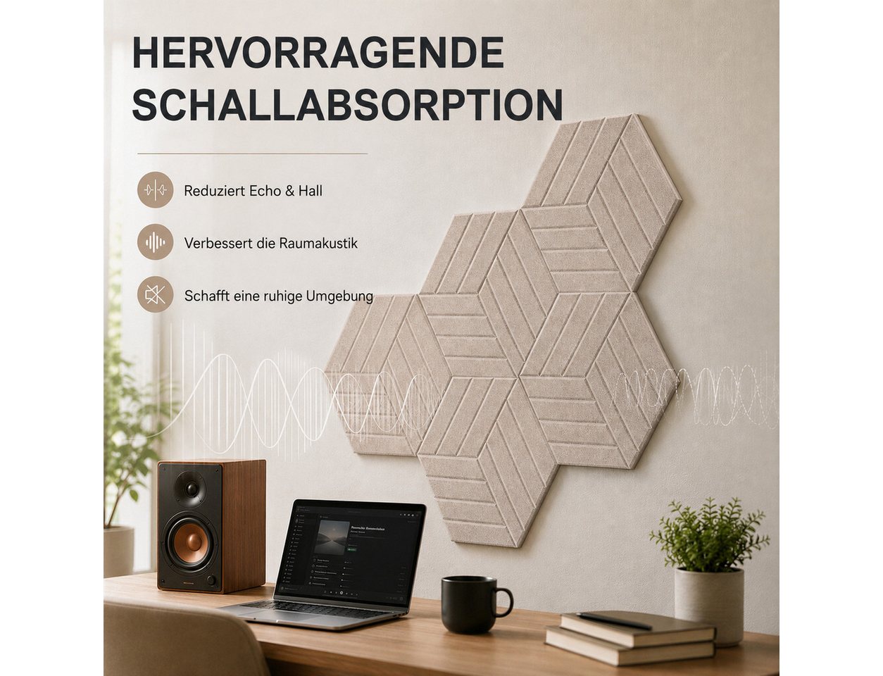 BlingBin Schallschutzpaneel sechseckige Schallschutz Wandpaneele, Akustikpaneele selbstklebend, BxL: 26x30 cm, 0,07 qm, (12er Set, 12-tlg., 300 x 260 mm) 3D Hexagon, Wandpaneele für Studio, Büro und Heimkino Bild 2