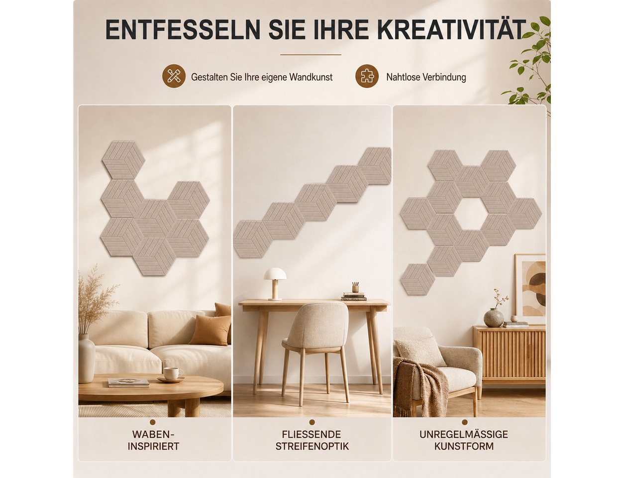 BlingBin Schallschutzpaneel sechseckige Schallschutz Wandpaneele, Akustikpaneele selbstklebend, BxL: 26x30 cm, 0,07 qm, (12er Set, 12-tlg., 300 x 260 mm) 3D Hexagon, Wandpaneele für Studio, Büro und Heimkino Bild 5