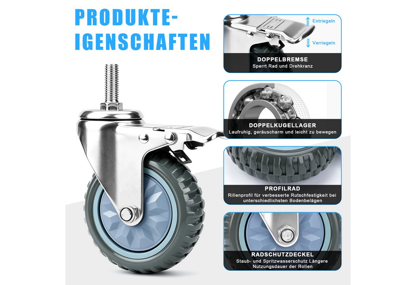 XERSEK Schwerlastrolle Lenkrollen mit Bremse 5 Zoll Doppellager Möbelrollen Transportrollen, (Set, 4-St., M12×35 mm Gewindebolzen, Doppelkugellager mit Radschutzdeckel), für Werkstattwagen, Werkbank, Trolley, Hocker & Möbel