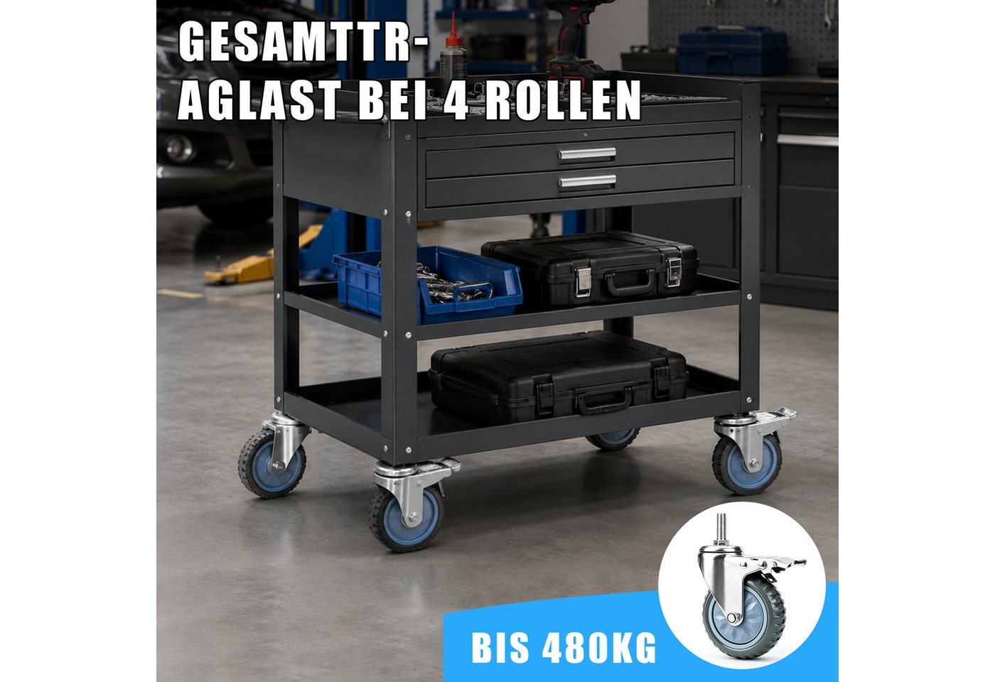 XERSEK Schwerlastrolle Lenkrollen mit Bremse 5 Zoll Doppellager Möbelrollen Transportrollen, (Set, 4-St., M12×35 mm Gewindebolzen, Doppelkugellager mit Radschutzdeckel), für Werkstattwagen, Werkbank, Trolley, Hocker & Möbel Bild 4