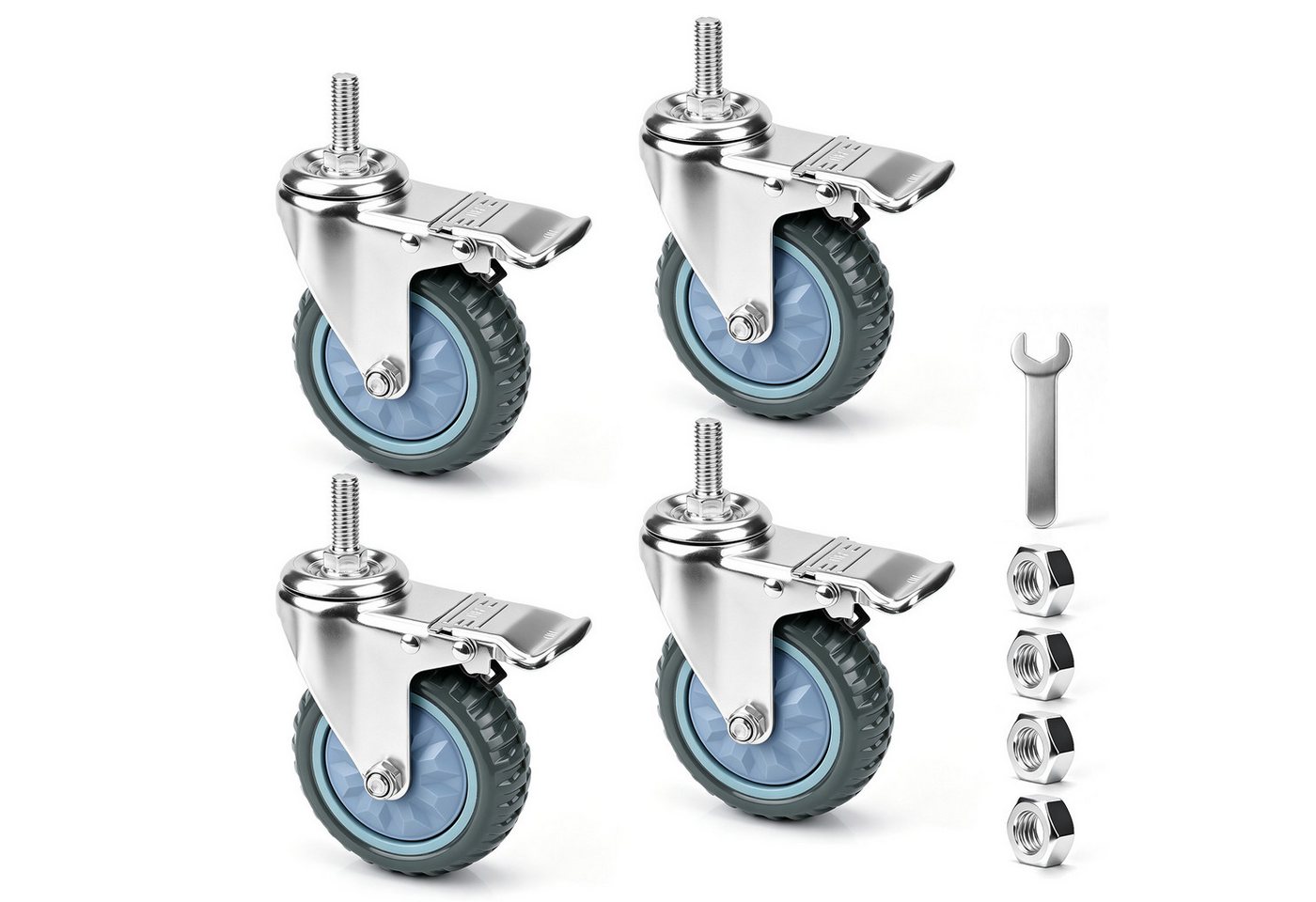 XERSEK Schwerlastrolle Lenkrollen mit Bremse 5 Zoll Doppellager Möbelrollen Transportrollen, (Set, 4-St., M12×35 mm Gewindebolzen, Doppelkugellager mit Radschutzdeckel), für Werkstattwagen, Werkbank, Trolley, Hocker & Möbel Bild 5