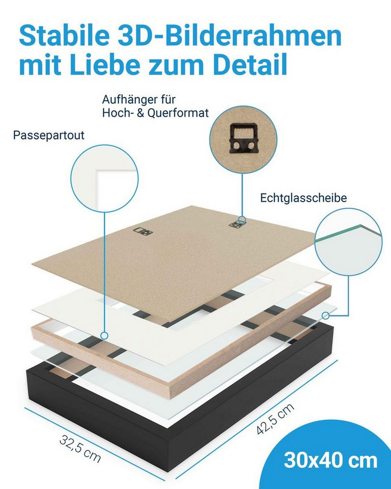PHOTOLINI Bilderrahmen 2er Set 3D-Objektrahmen tief zum Befüllen mit Glasscheibe, für 2 Bilder (2er Set), tiefe Rahmen 30x40 cm mit Passepartout für Objekte bis 3 cm Tiefe Bild 3