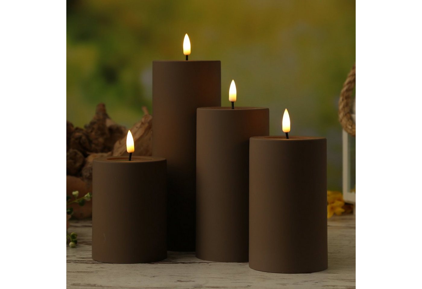 Deluxe Homeart LED-Kerze MIA Deluxe für Außen flackernd H: 10cm D: 7,5cm outdoor mokka braun, LED Classic, warmweiß (2100K bis 3000K)