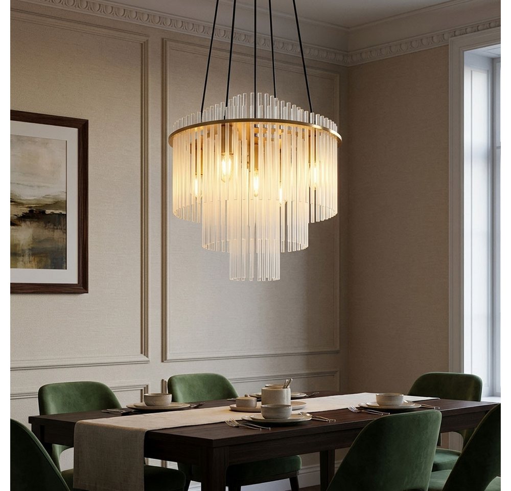 GLOBO LIGHTING Kronleuchter, Leuchtmittel nicht inklusive, Kronleuchter Metall Glas gold Glasstäbe opal gemustert H 120 cm