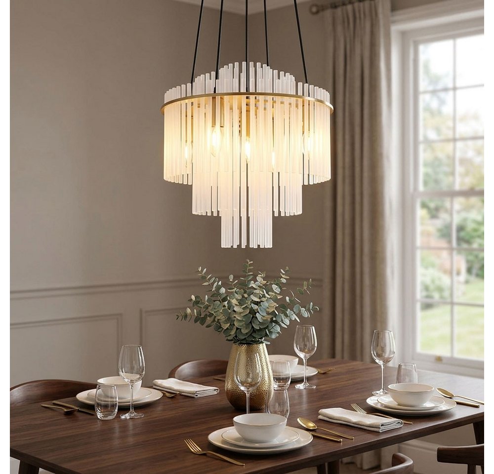 GLOBO LIGHTING Kronleuchter, Leuchtmittel nicht inklusive, Kronleuchter Metall Glas gold Glasstäbe opal gemustert H 120 cm Bild 3
