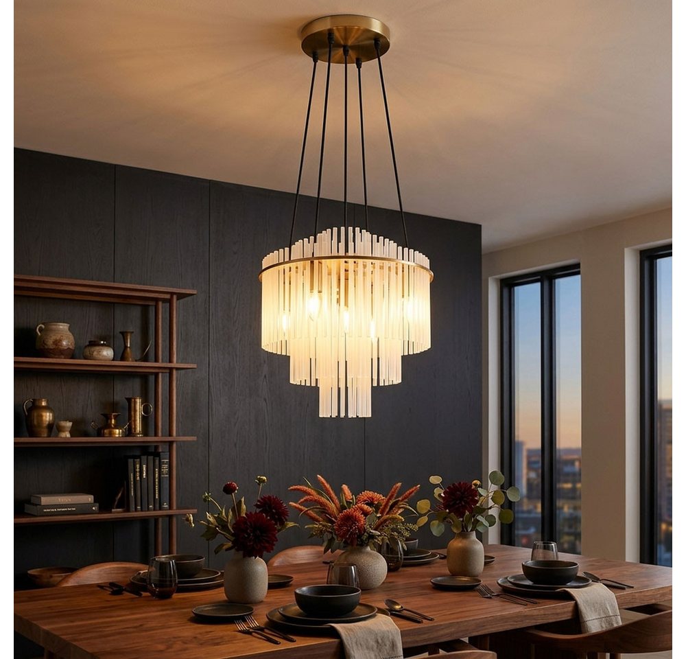 GLOBO LIGHTING Kronleuchter, Leuchtmittel nicht inklusive, Kronleuchter Metall Glas gold Glasstäbe opal gemustert H 120 cm Bild 4