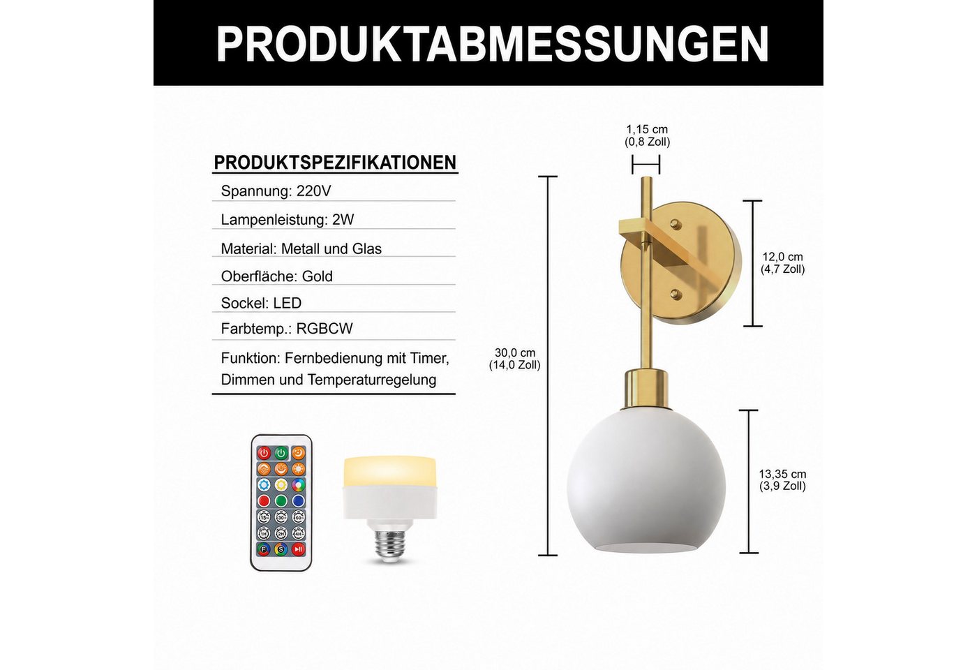 LOHAS-LED Wandleuchte 2er Set kabellose Akku-Wandleuchte mit milchweißer Glaskugel, LED wechselbar, Warmweiß bis Kaltweiß inklusive RGB-Farbwechsel, RGBCW Wandlampe mit Fernbedienung & USB-C Bild 2