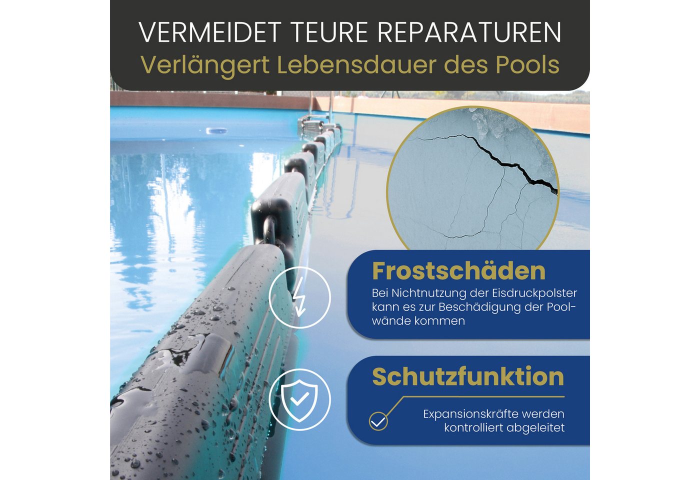HAF Pool-Abdeckplane Eisdruckpolster Pool Überwinterung Effektiver Schutz vor Frostschäden (Inkl. Haken zur Verbindung der Polster, 16-St., Größe pro Stück: 50 x 23 x 5 cm), Expansionskräfte werden kontrolliert abgeleitet Bild 2