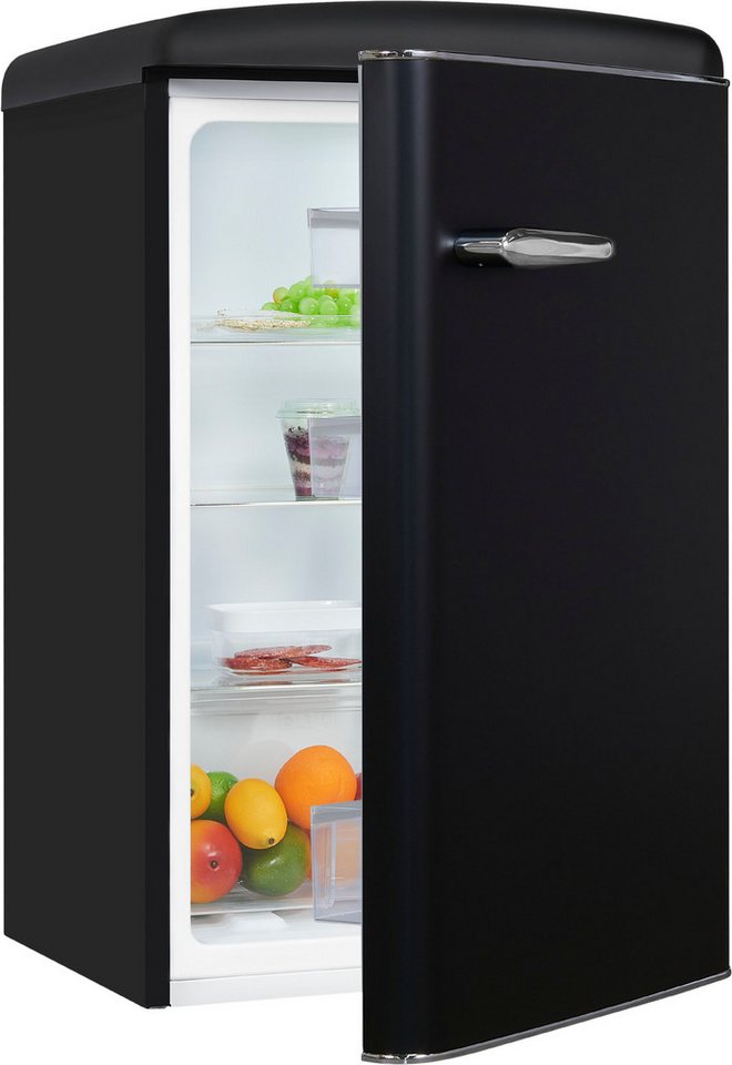 exquisit Kühlschrank RKS120-V-H-160C mattschwarz, 89,5 cm hoch, 54,5 cm breit, LED-Beleuchtung, verstellbare Glasböden, Retro-Design