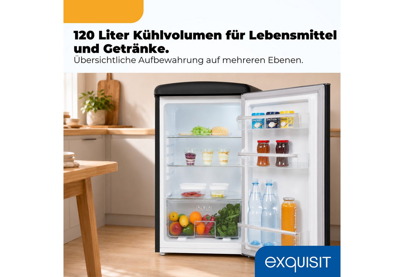 exquisit Kühlschrank RKS120-V-H-160C mattschwarz, 89,5 cm hoch, 54,5 cm breit, LED-Beleuchtung, verstellbare Glasböden, Retro-Design Bild 2