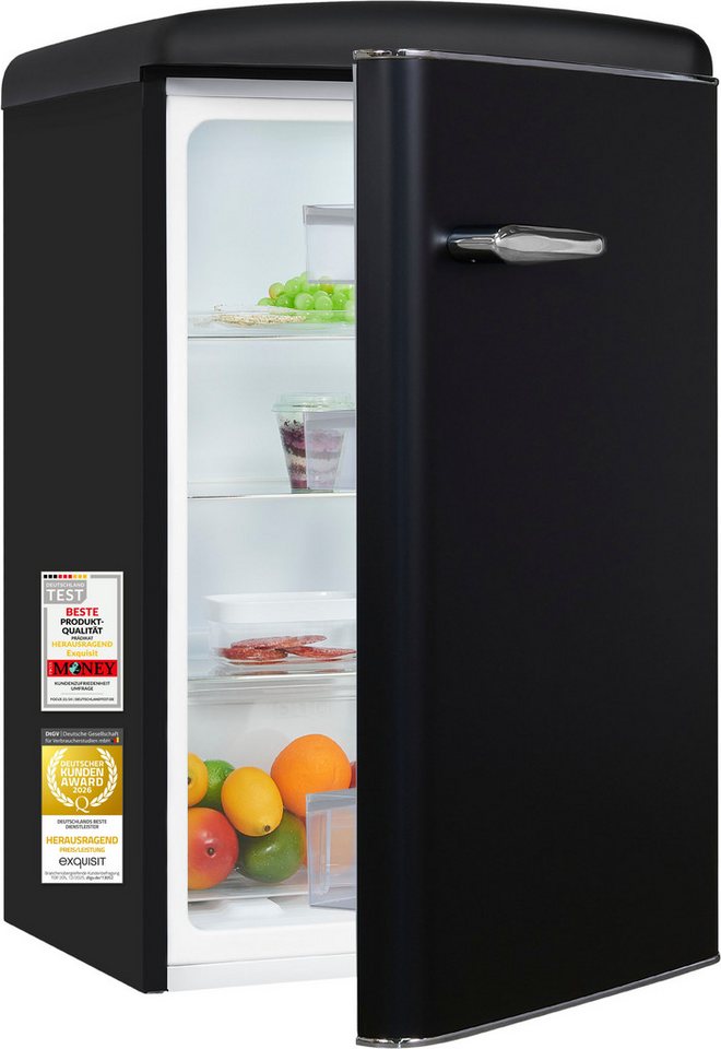 exquisit Kühlschrank RKS120-V-H-160C mattschwarz, 89,5 cm hoch, 54,5 cm breit, LED-Beleuchtung, verstellbare Glasböden, Retro-Design Bild 3