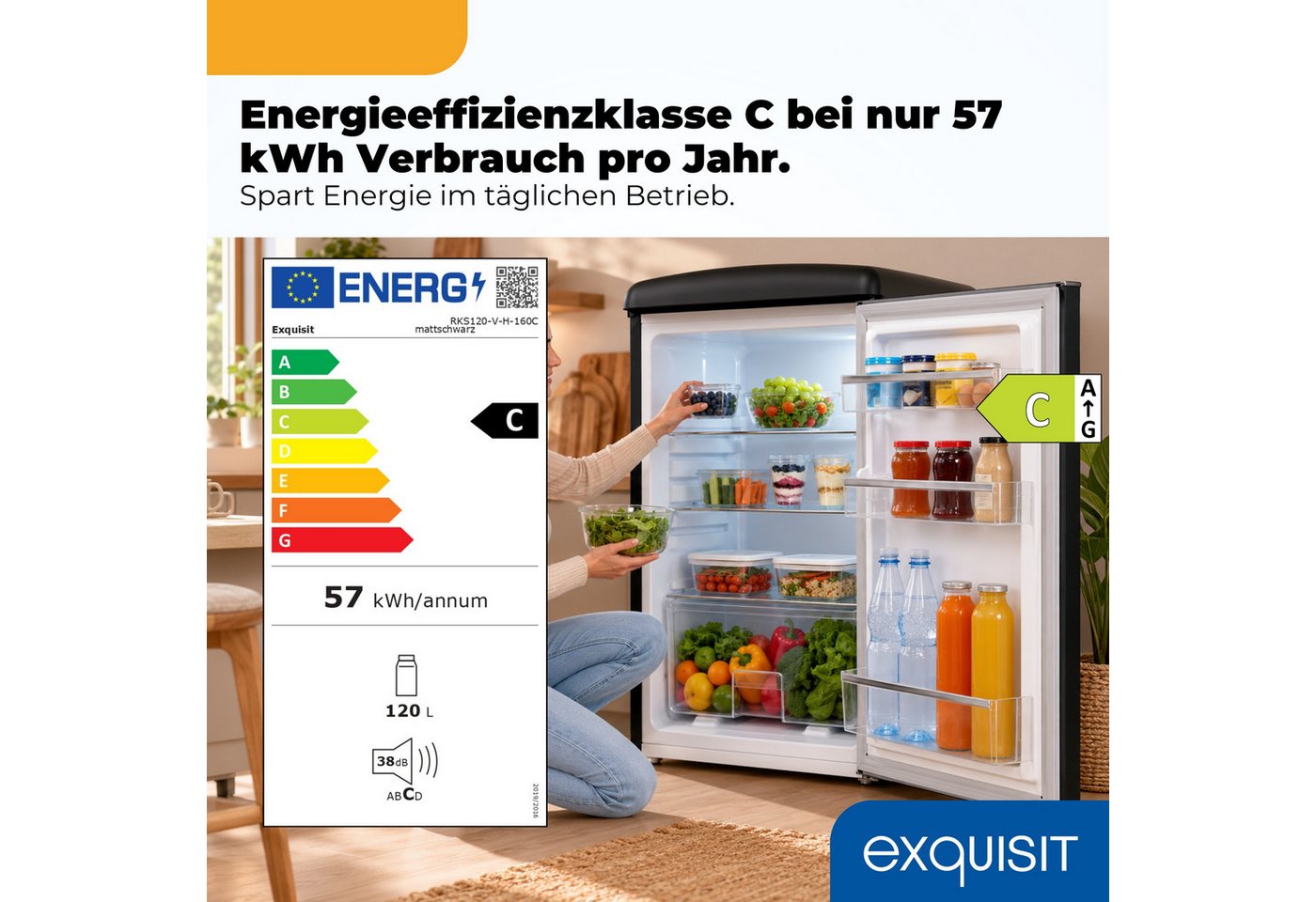 exquisit Kühlschrank RKS120-V-H-160C mattschwarz, 89,5 cm hoch, 54,5 cm breit, LED-Beleuchtung, verstellbare Glasböden, Retro-Design Bild 4