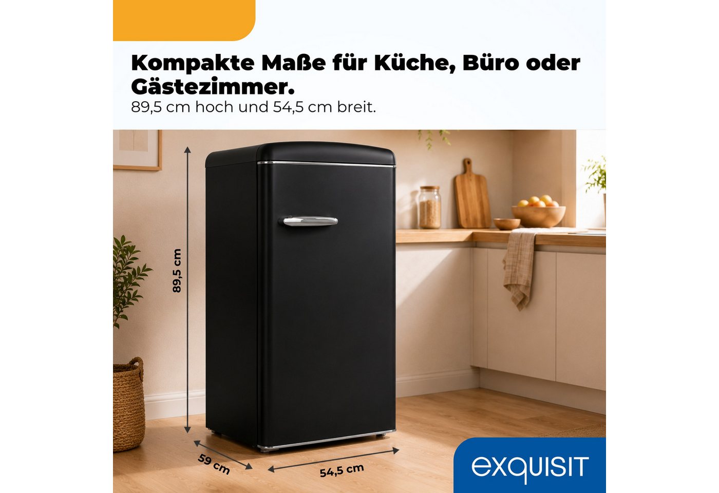 exquisit Kühlschrank RKS120-V-H-160C mattschwarz, 89,5 cm hoch, 54,5 cm breit, LED-Beleuchtung, verstellbare Glasböden, Retro-Design Bild 5