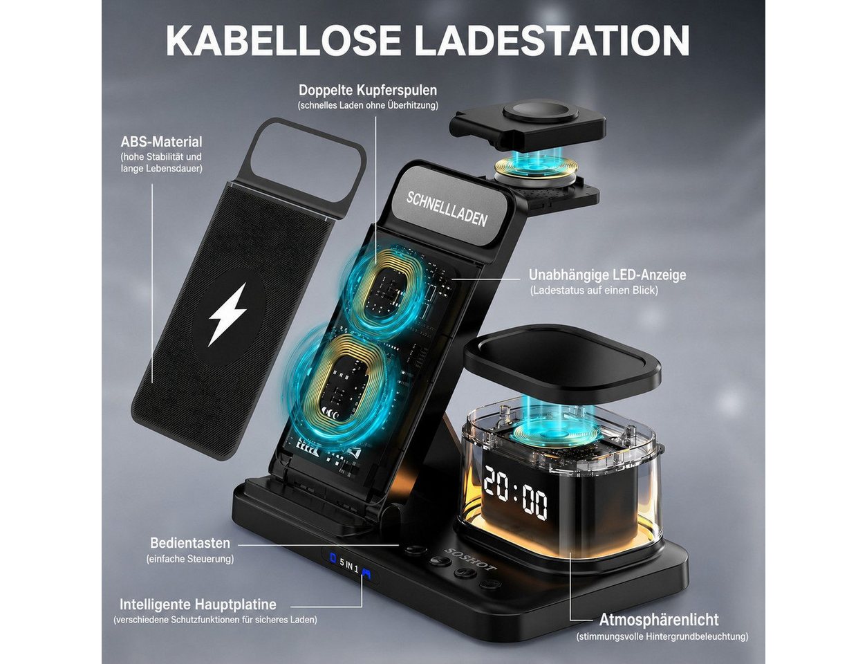 Fyrove Ladegeräte, 5-in-1 Wireless Charger 15W, faltbare induktive Ladestation (für iPhone, Apple Watch & AirPods, LED-Uhr, Nachtlicht, USB-C, inkl. 20W Netzteil)
