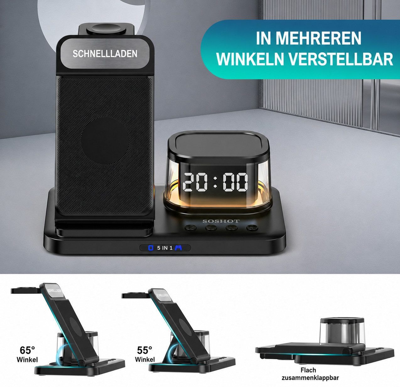 Fyrove Ladegeräte, 5-in-1 Wireless Charger 15W, faltbare induktive Ladestation (für iPhone, Apple Watch & AirPods, LED-Uhr, Nachtlicht, USB-C, inkl. 20W Netzteil) Bild 4