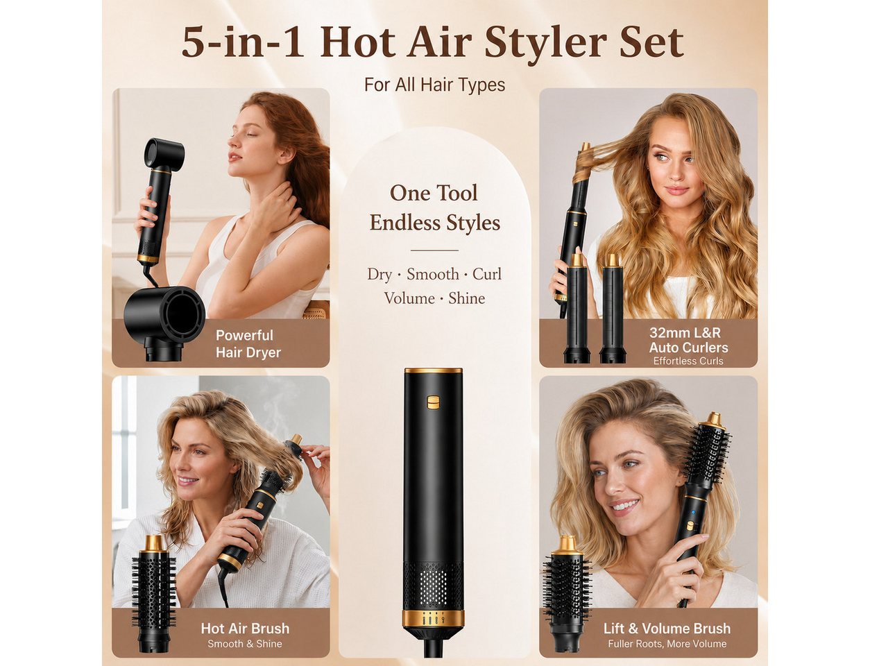Forrlite Multihaarstyler Warmluftbürste 5 in 1 Hairstyler, Ionen Föhn für Styling & Volumen, Multifunktionaler Airstyler, Lockenstab für Locken & Glätten Bild 2