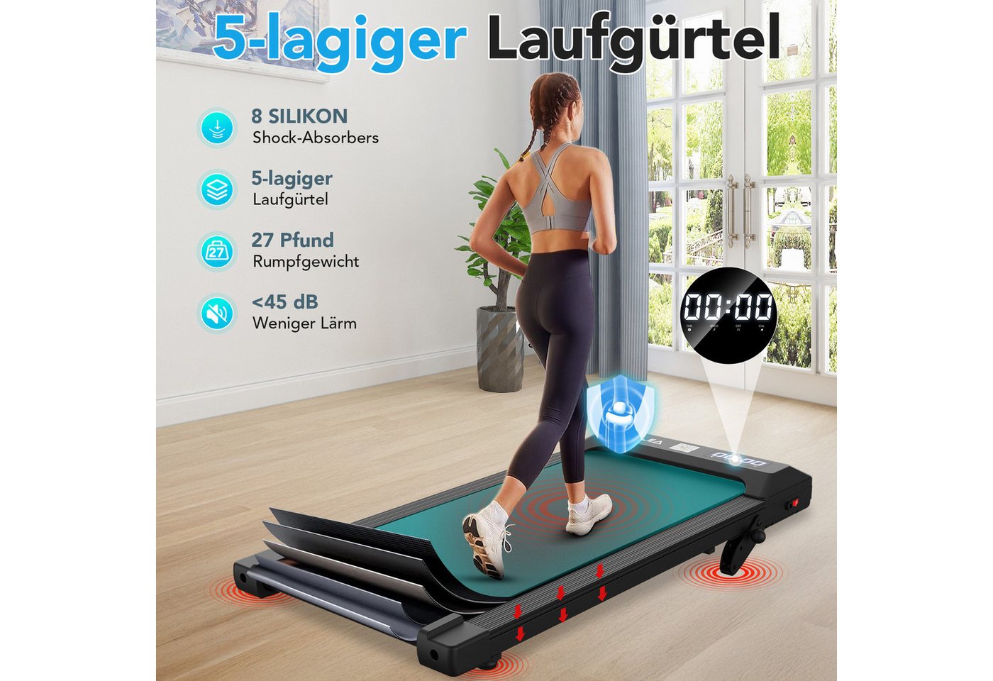 kehot Laufband Walking Pad mit 7 % Steigung und 2,5 PS bürstenlosem Motor (1–6 km/h mit 100 × 39 cm Lauffläche für aktives Walking zuhause, 5-lagige Dämpfung und leiser Betrieb unter 45 dB bis 120 kg), Klappbarer Handlauf, Fernbedienung und App für flexibles Training