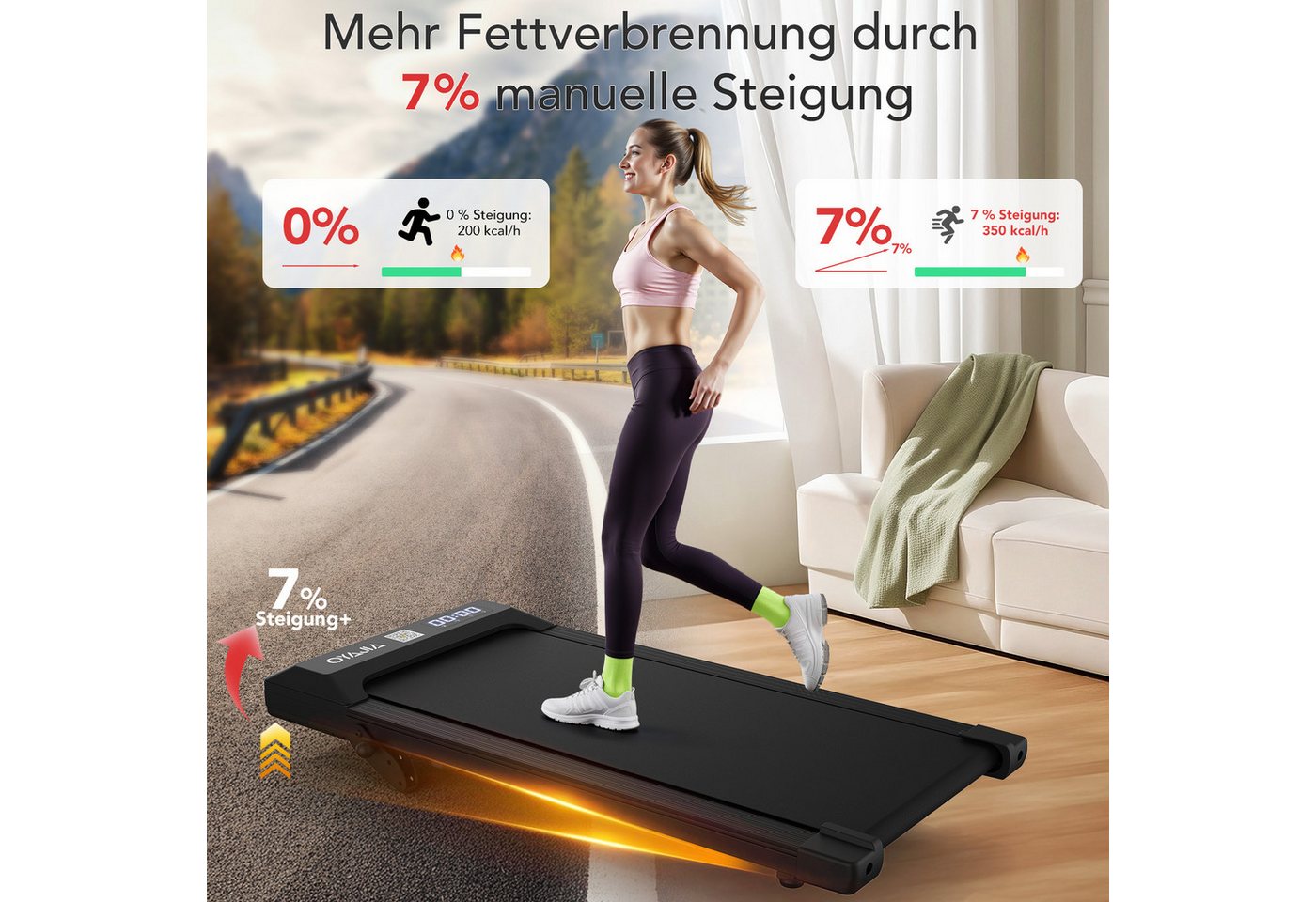 kehot Laufband Walking Pad mit 7 % Steigung und 2,5 PS bürstenlosem Motor (1–6 km/h mit 100 × 39 cm Lauffläche für aktives Walking zuhause, 5-lagige Dämpfung und leiser Betrieb unter 45 dB bis 120 kg), Klappbarer Handlauf, Fernbedienung und App für flexibles Training Bild 2