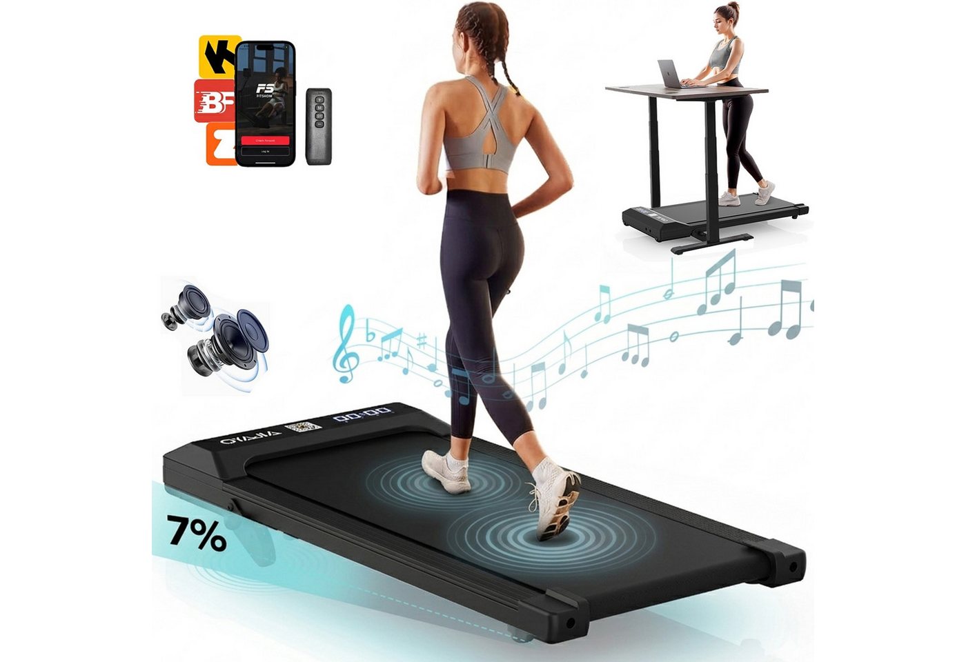 kehot Laufband Walking Pad mit 7 % Steigung und 2,5 PS bürstenlosem Motor (1–6 km/h mit 100 × 39 cm Lauffläche für aktives Walking zuhause, 5-lagige Dämpfung und leiser Betrieb unter 45 dB bis 120 kg), Klappbarer Handlauf, Fernbedienung und App für flexibles Training Bild 5