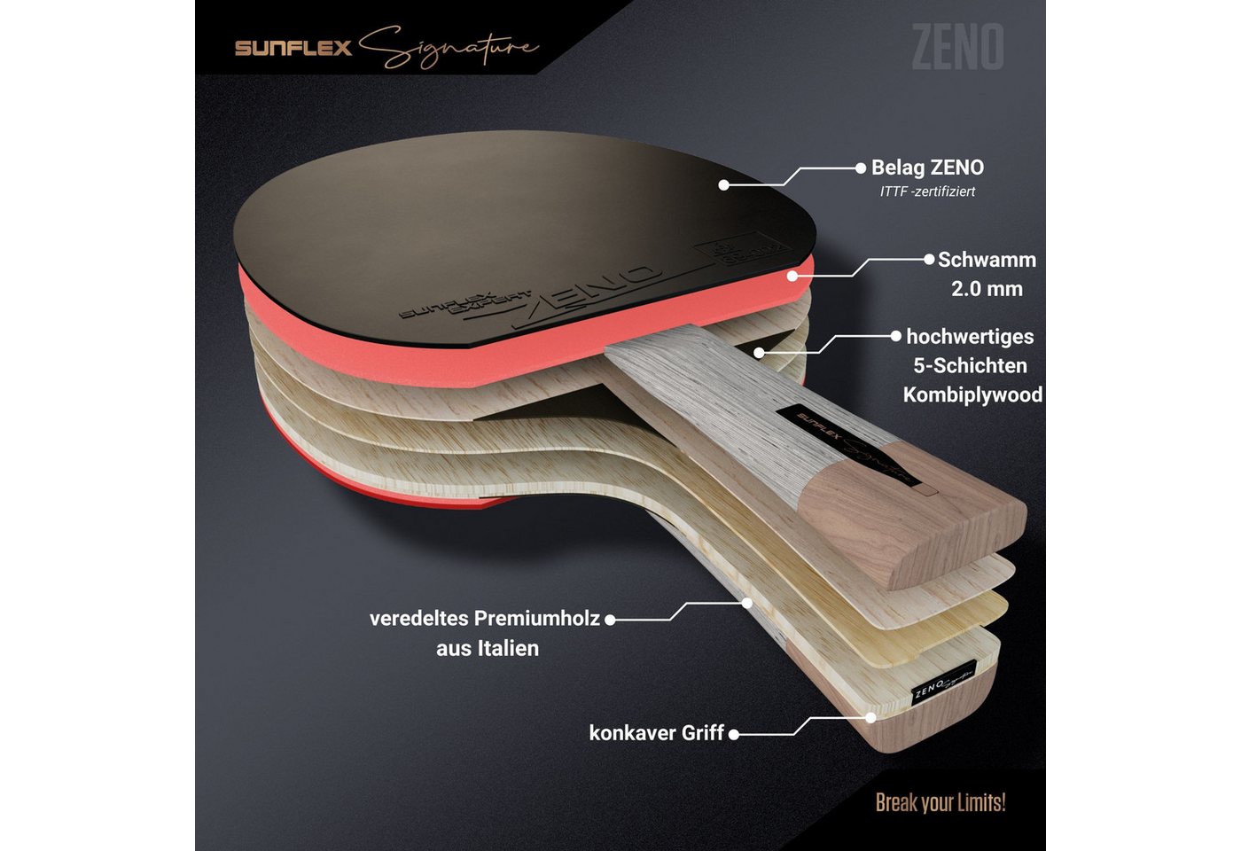 Sunflex Tischtennisschläger SIGNATURE ZENO, ITTF zertifizierter Zeno Belag, Magnetverschluss Bild 2