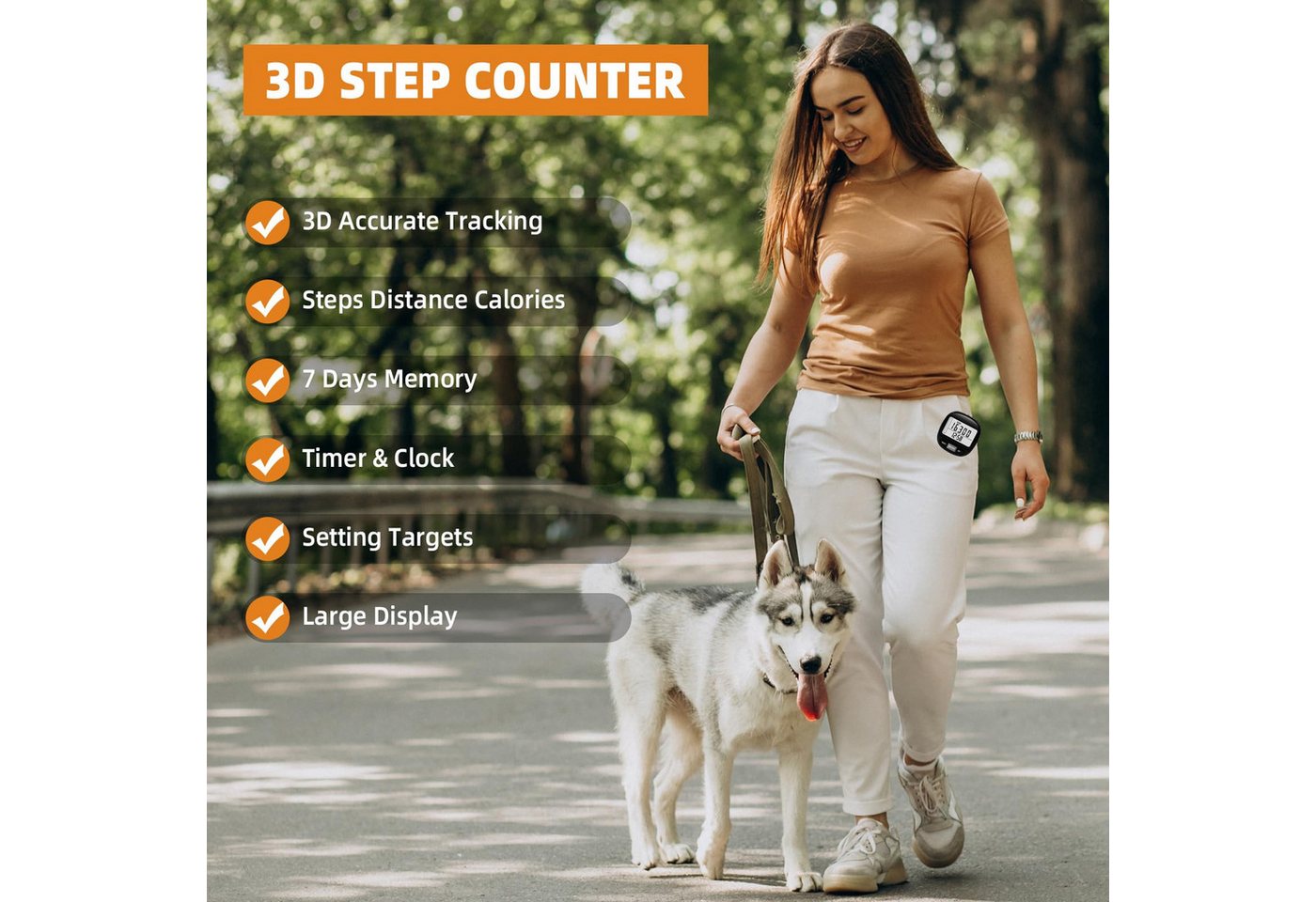 Coonoor Schrittzähler 3D-Schrittzähler, Schrittzähler mit größerem Display, mit abnehmbarem Clip und Trageband, Fitness-Schrittzähler Bild 2