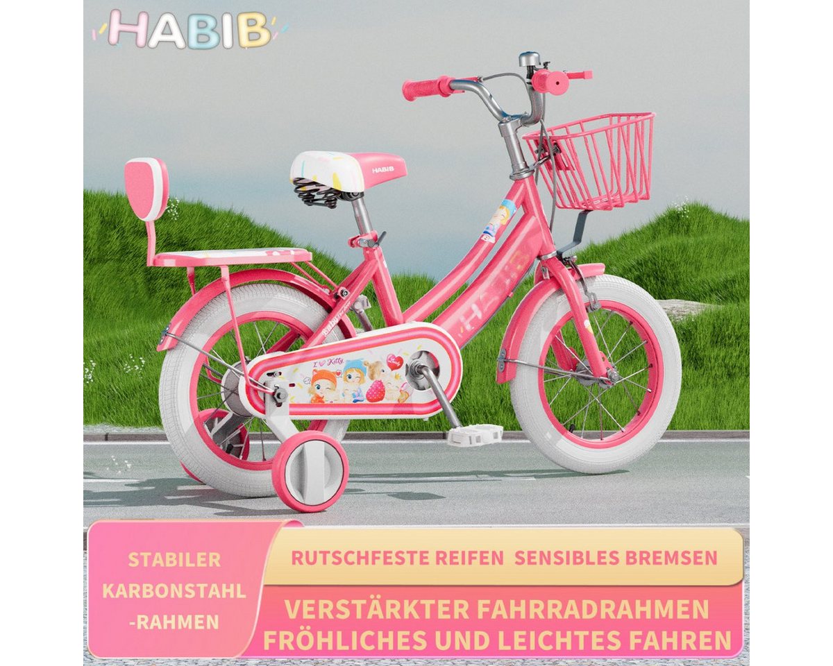 Habib Gruppe Kinderfahrrad Mädchenfahrrad mit Puppensitz 12 14 16 Zoll – Helm, Schutzset & Pumpe, Kinderfahrrad Mädchen ab 3 Jahre mit Puppensitz und Helm