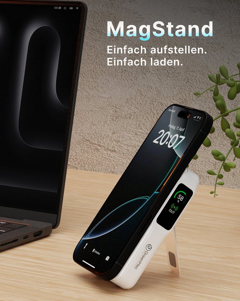 GreenHec MagSafe Powerbank iPhone 18 17 16 15 14 13 12 Magnet Wireless 10000mAh Powerbank MagStand Ultra Powerbank - 6in1 A 10000 mAh (1.5 V), Pro Max Air Stand 15w Fast Induktives Laden Plus Akku Batterie Ständer