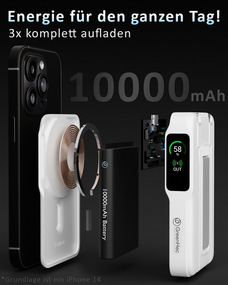GreenHec MagSafe Powerbank iPhone 18 17 16 15 14 13 12 Magnet Wireless 10000mAh Powerbank MagStand Ultra Powerbank - 6in1 A 10000 mAh (1.5 V), Pro Max Air Stand 15w Fast Induktives Laden Plus Akku Batterie Ständer Bild 3