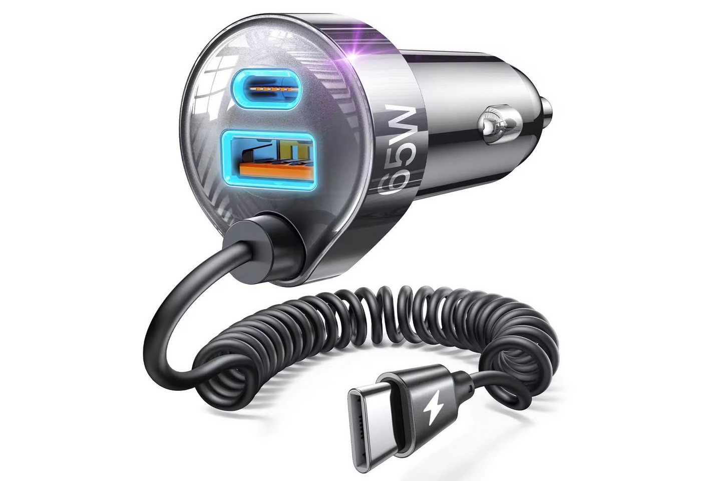 GreenHec 90W USB C KFZ Ladegerät Zigarettenanzünder Spiralkabel PD Schnelllader USB-Ladegerät (90W gesamt, 45W USB-C PD, Spiralkabel, 4 Anschlüsse, 12V/24V) Bild 3