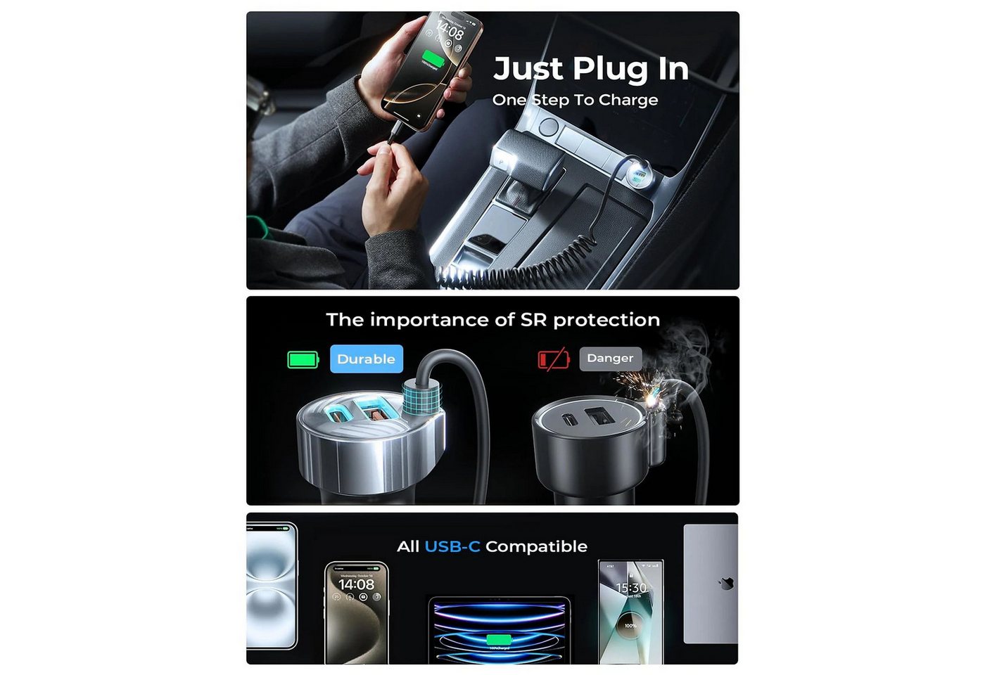 GreenHec 90W USB C KFZ Ladegerät Zigarettenanzünder Spiralkabel PD Schnelllader USB-Ladegerät (90W gesamt, 45W USB-C PD, Spiralkabel, 4 Anschlüsse, 12V/24V) Bild 4
