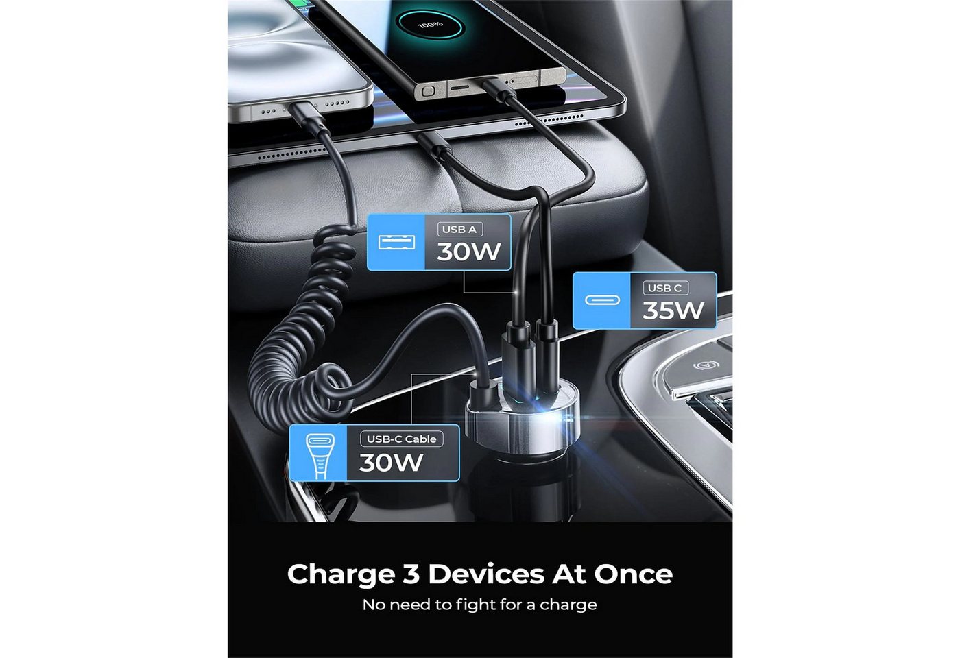 GreenHec 90W USB C KFZ Ladegerät Zigarettenanzünder Spiralkabel PD Schnelllader USB-Ladegerät (90W gesamt, 45W USB-C PD, Spiralkabel, 4 Anschlüsse, 12V/24V) Bild 5