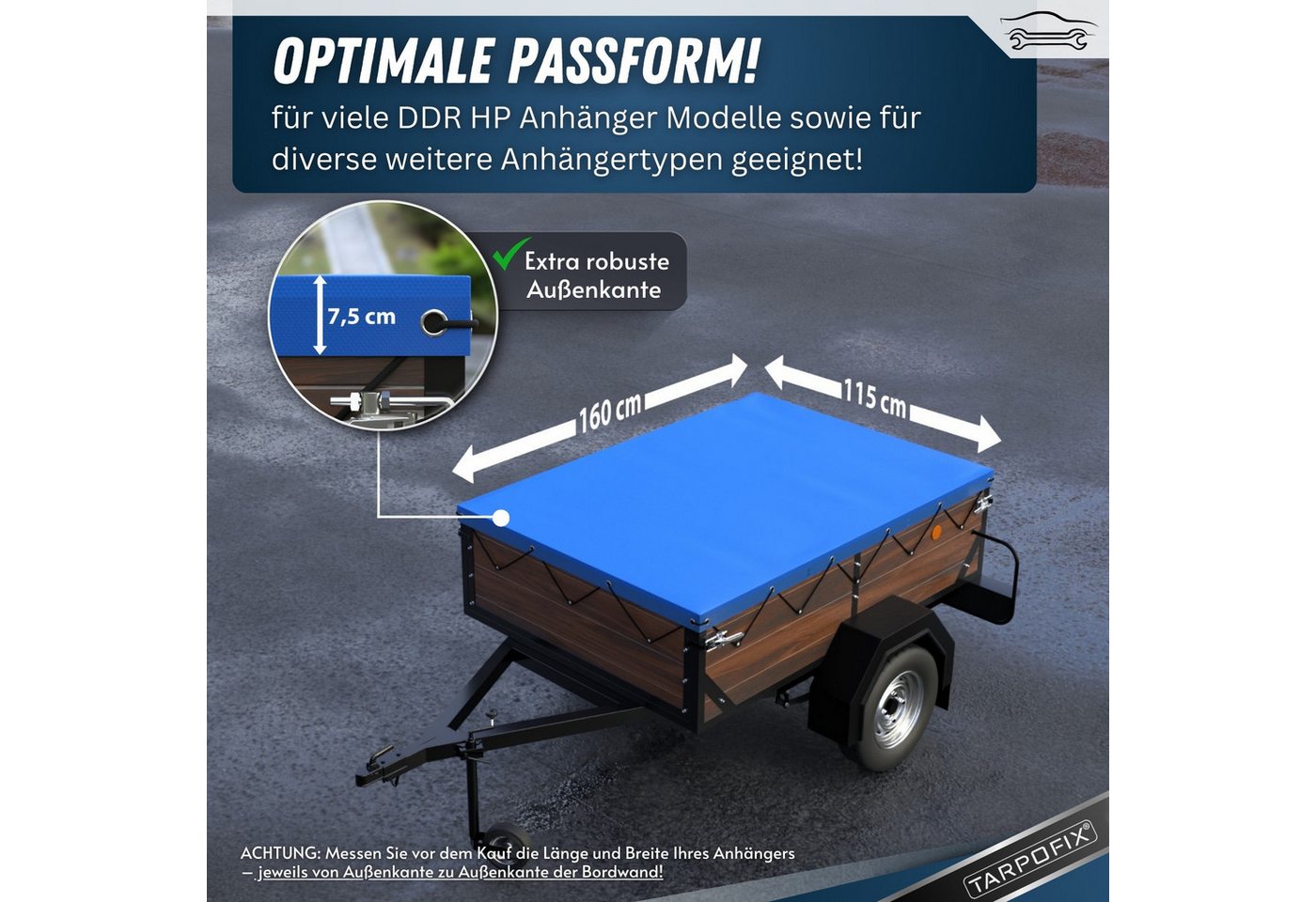 Tarpofix® Schutzplane Tarpofix Anhängerplane DDR Hänger 750 kg wasserdicht PVC, Flachplane 160x115 cm + 2 Planenbügel