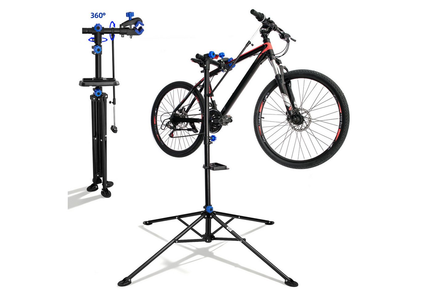 SunJas Fahrrad-Montageständer Fahrradmontageständer 360° drehbar höhenverstellbar bis zu 30kg (mit Werkzeugschale und Magnetfach, klappbar), für MTB, Rennrad, E-Bike